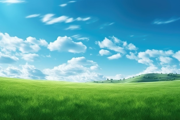 Une pelouse verte sous un ciel bleu et des nuages blancs