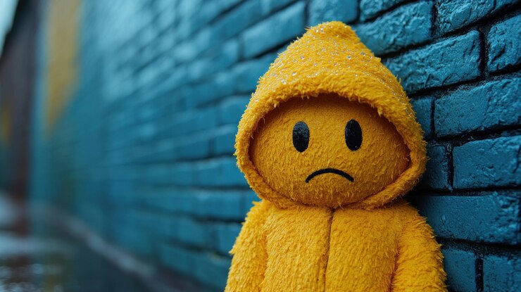 Photo un peluche triste appuyé contre un mur de briques