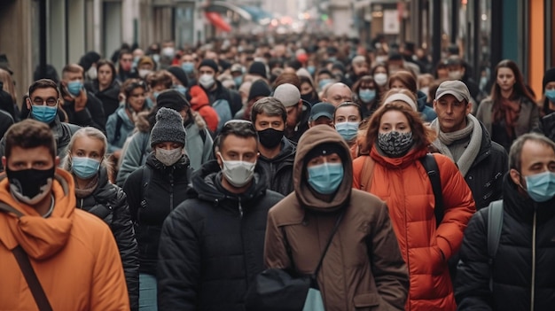 Pendant l'épidémie de coronavirus COVID 19, un groupe anonyme de personnes a été vu marchant dans la rue avec des masques GENERATE AI