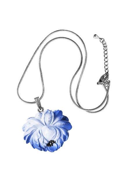 Photo pendant à fleurs bleues sur chaîne d'argent sur fond blanc