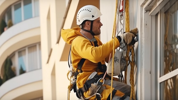 Pendant le nettoyage de la vitre extérieure de la façade d'une structure résidentielle, un alpiniste industriel est suspendu au-dessus. Un travailleur d'accès à la corde est montré sur le mur d'une maison.