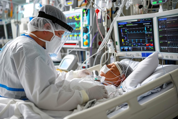 Pendant les soins intensifs à l'unité de soins intensifs, le patient de l'hôpital est dans le coma.