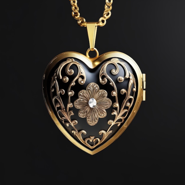 pendentif coeur avec chaîne en or pendentif en or avec bijoux en diamants et chaîne sur fond sombre