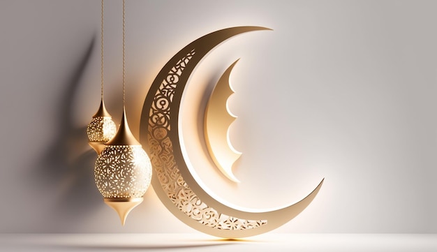 Pendentif croissant de lune et lanterne arabe sur fond clair de Ramadan AI générative