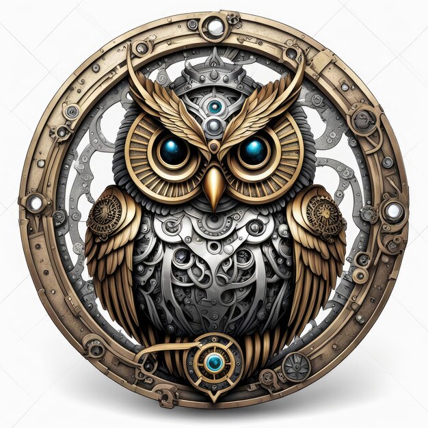 Photo le pendentif du hibou cyborg steampunk est un oiseau en métal vintage.