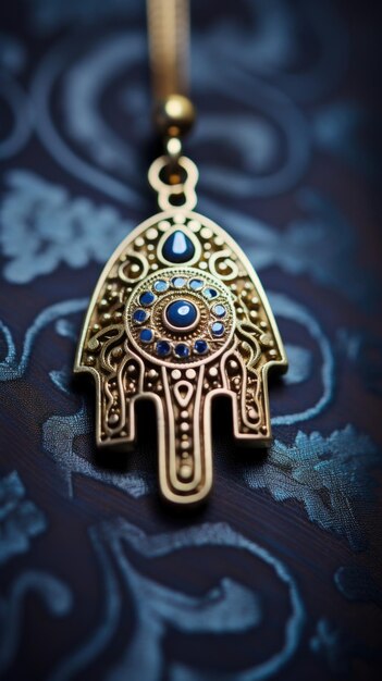 Un pendentif hamsa en or avec des pierres bleues sur fond bleu ai