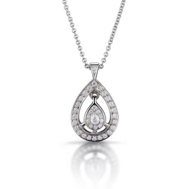 un pendentif en or blanc 14 carats orné de diamants, suspendu gracieusement à une chaîne. cette pièce exquise capture l'essence du style d'Emila Medkov, avec son design complexe et son souci du détail