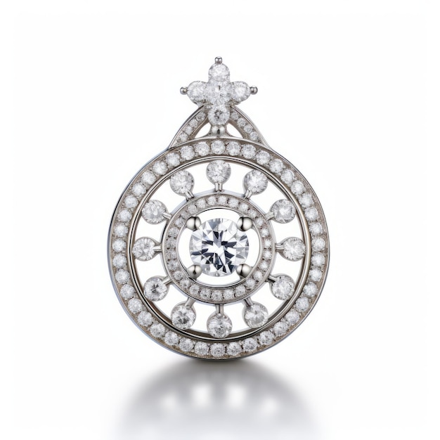 un pendentif ovale avec des diamants dans un coin, inspiré de l'art de la Birmanie. le pendentif est présenté sur un fond blanc, mettant en valeur ses grappes rayonnantes et ses formes circulaires. le design que je
