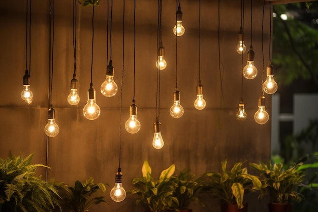 pendre des ampoules avec un pot de plante sur le mur