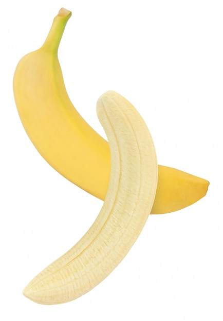 Pendre, tomber et voler un morceau de banane isolé sur fond blanc avec un tracé de détourage