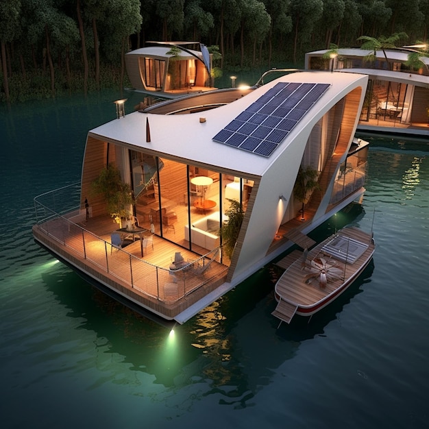 une péniche avec des panneaux solaires sur le toit et une maison sur l'eau.