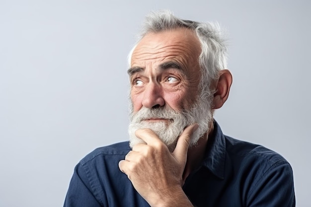 Penser face à un vieil homme avec décision sur fond blanc isolé