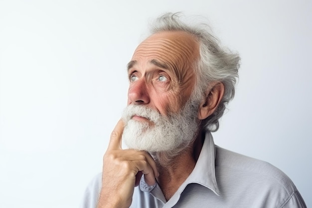 Penser face à un vieil homme avec décision sur fond blanc isolé