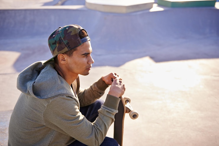 Photo penser à la planche à roulettes et à l'homme dans un parc de skate avec l'idée d'une cascade ou d'une action sportive d'adrénaline planifier le calme et le skateboarder masculin avec des questions de réflexion ou de mémoire tout en se refroidissant sur une rampe