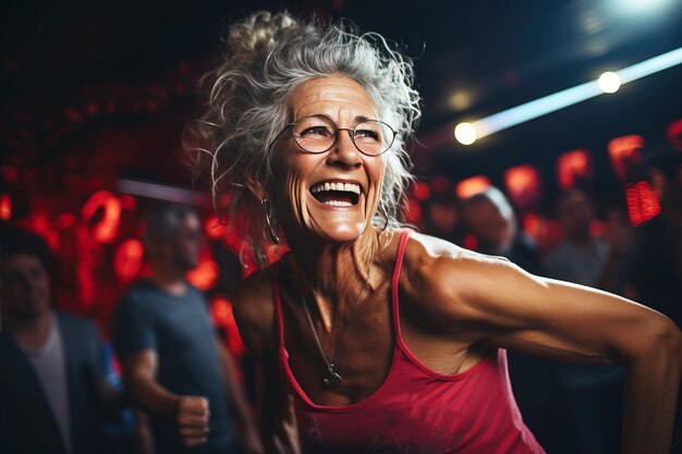 Une pensionnaire âgée mature souriante et heureuse faisant du boxe pour la santé au gymnase.