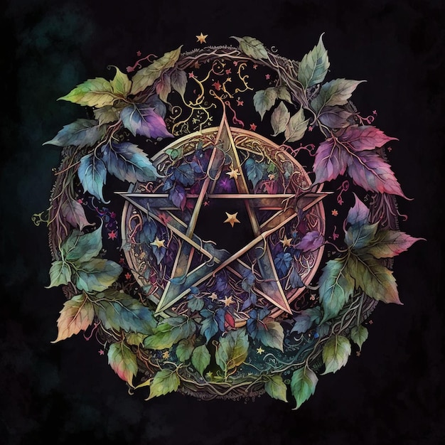 Pentacle orné d'aquarelle entouré de feuilles