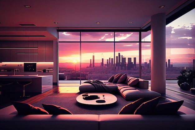 Penthouse de luxe avec vue sur le coucher de soleil sur les toits de la ville