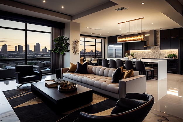 Penthouse de luxe avec vue imprenable sur les toits de la ville avec un décor moderne et un mobilier élégant