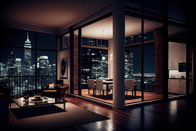Penthouse de luxe avec vue panoramique sur les toits de la ville la nuit