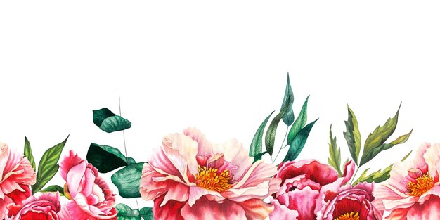 Photo peonie à l'aquarelle bordure de bout de fleur sans couture en couleurs rose pastel et pêche avec des feuilles vertes