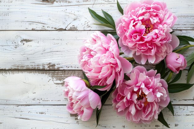 Photo des peonies roses époustouflantes sur un fond en bois rustique blanc