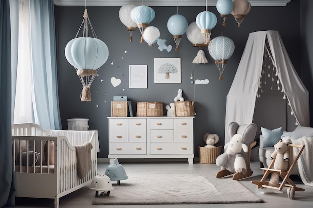 Pépinière grise avec nuages et parachutes dans le décor Jouets pour bébé un concept de lampe blanche et une armoire sont tous présents