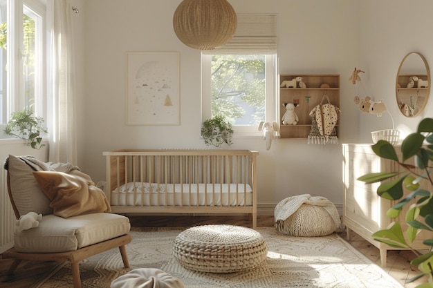 La pépinière d'inspiration scandinave avec du bois naturel acc