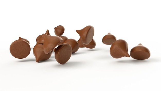 Pépites de chocolat 3d brillant tombant sur fond blanc