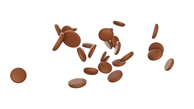 Pépites de chocolat rondes tombant sur une illustration 3d de sol isolé blanc