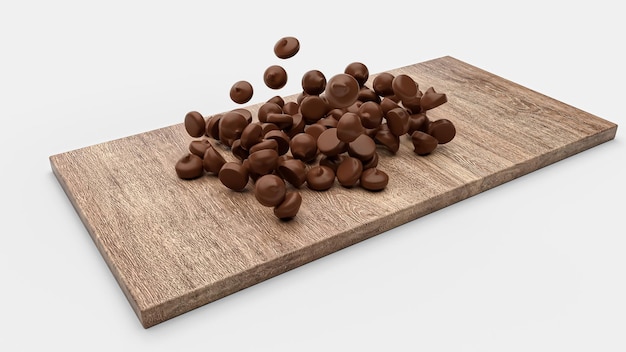 Pépites de chocolat tombant sur plateau en bois illustration 3d