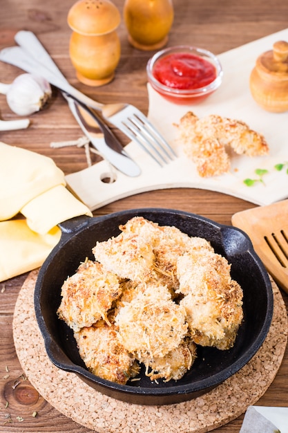 Pépites maison de poulet dans une poêle en fer