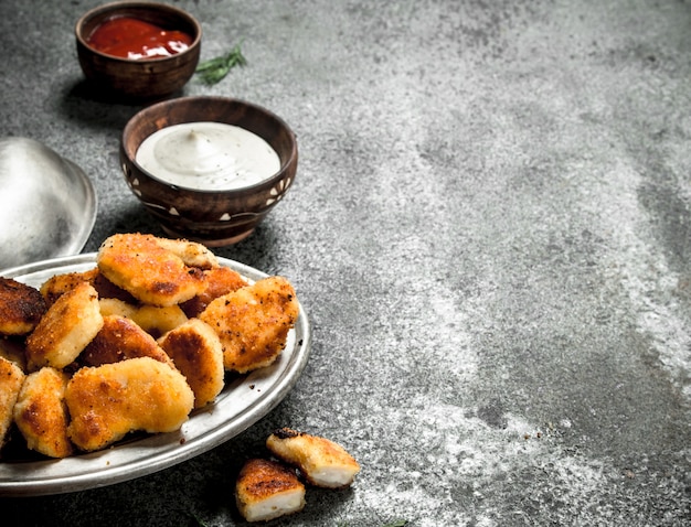 Pépites de poulet avec diverses sauces.