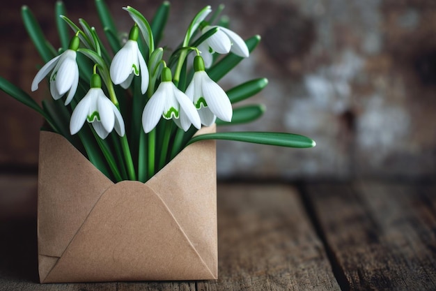 Perce-neige fleurs délicates sur fond de bois