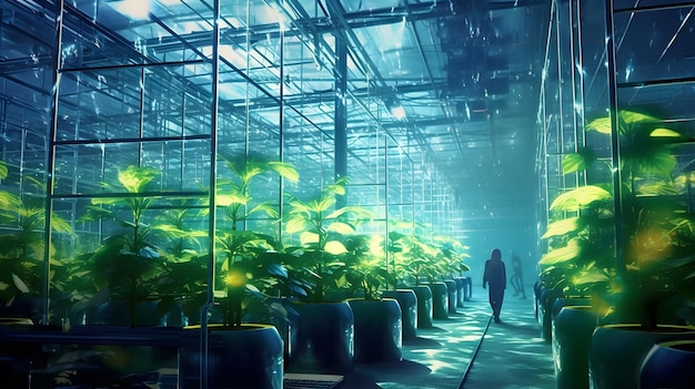 Photo une percée en bio-ingénierie dans une serre futuriste, les scientifiques nourrissent des plantes génétiquement modifiées vibrantes qui brillent dans différentes couleurs de néon.