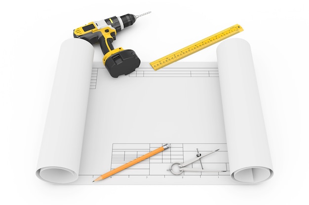 Perceuse sans fil rechargeable, crayon, règle et boussole dessin avec modèle de dessin sur fond blanc. Rendu 3D