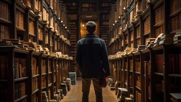 Photo perdu dans la littérature la quête d'un écrivain dans les couloirs d'une ancienne bibliothèque