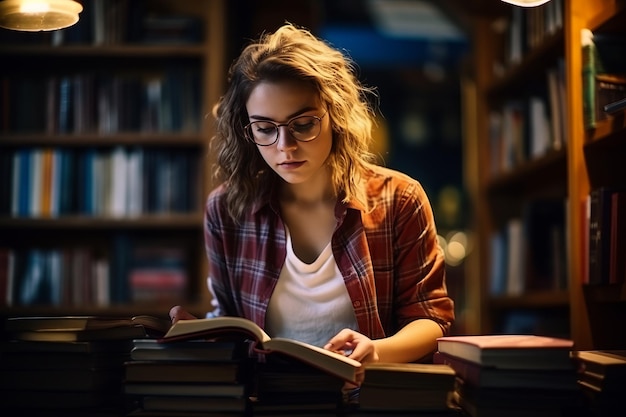 Perdu dans les pages Une image captivante d'une jeune bibliothécaire attrayante immergée dans un livre au milieu de Lib