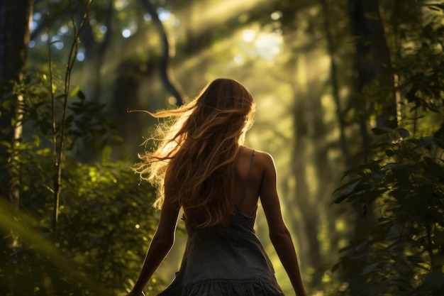 Perdue dans la forêt, une femme trouve du réconfort dans la tranquillité de la nature.