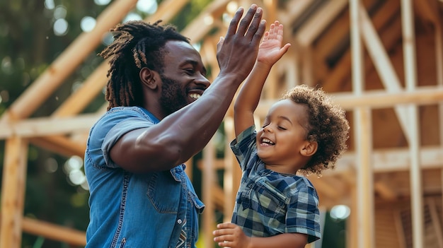 Photo un père africain se fait un high five avec son enfant qui s'amuse en souriant dans un décor extérieur avec l'ia générative spatiale