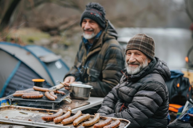 Un père âgé et son fils adulte debout à côté d'un gril rempli de saucisses cuisinant à l'extérieur