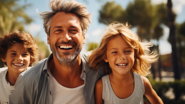 Père aimant créant des liens avec deux enfants