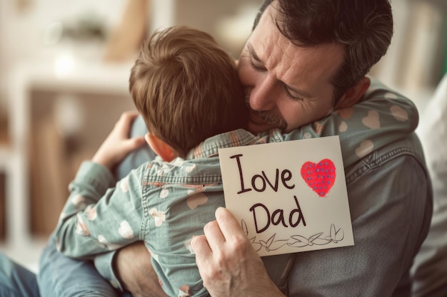 Un père aimant embrasse un enfant tenant un panneau J'aime papa avec un grand cœur rouge partageant l'affection