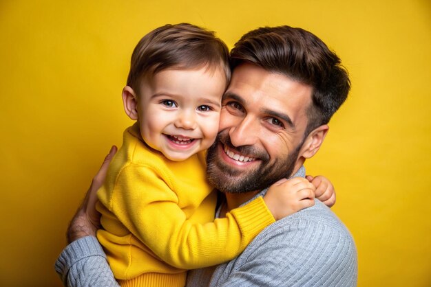 Un père aimant en gros plan avec son fils sur un fond jaune en studio.