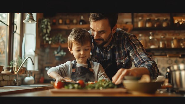 Un père américain cuisinant avec son fils dans la cuisine avec un grand espace vide et une toile de fond floue IA générative