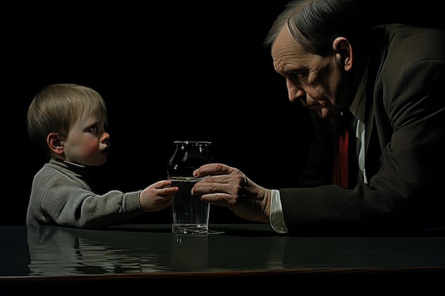 Le père donne à l'enfant un verre d'eau.