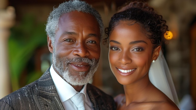 Un père élégant et une mariée souriants le jour du mariage