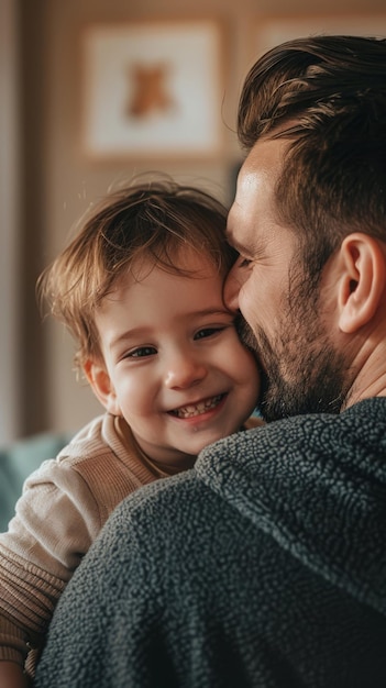 Le père embrasse son enfant souriant et partage sa joie et son affection à l'intérieur.