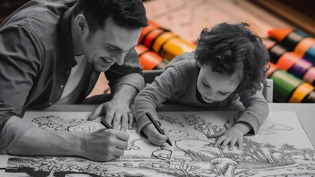 Photo le père et l'enfant colorant