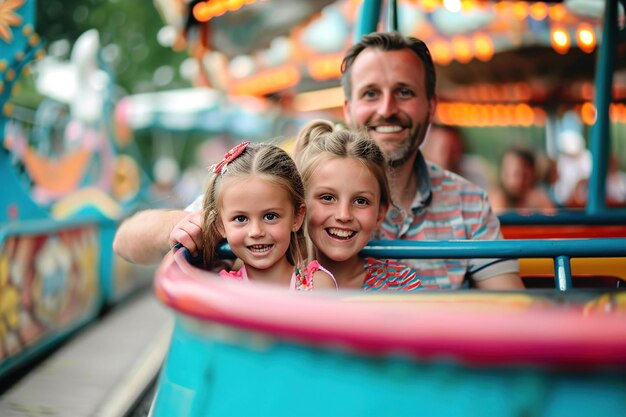 Père et enfant dans un parc d'attractions