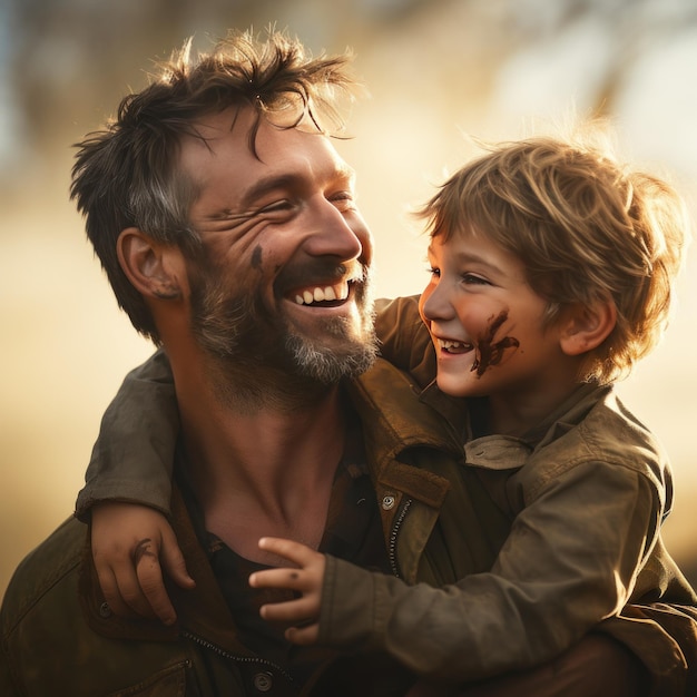 Le père et l'enfant s'embrassent heureux dans la nature le bonheur du rire et l'amour familial d'un père et d'un enfant